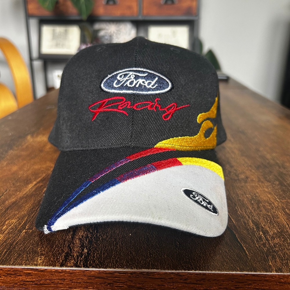 Ford Racing Baseball Cap Black Embroidered Flame Graphic Adjustable Hat Mens